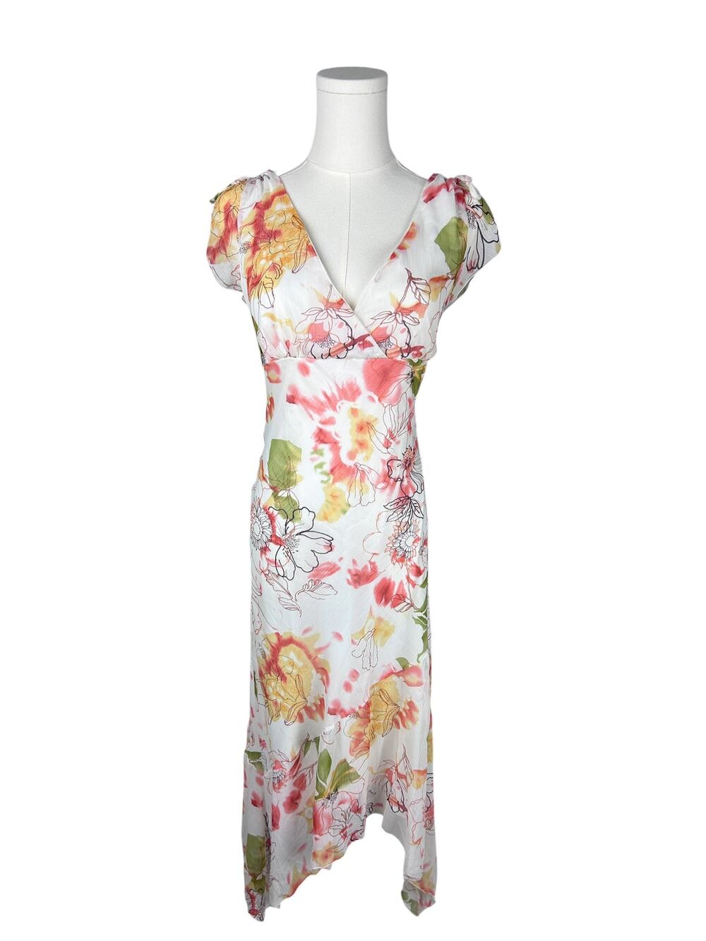 IN San Francisco Floral Handkerchief Hem Flounce Shoulder Y2K 90s Midi Dress M